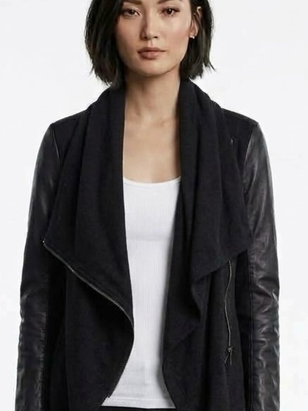 BLANKNYC Black Mixed Media Faux Leather Drape Knit Asymmetrical Moto Jacket S⁠